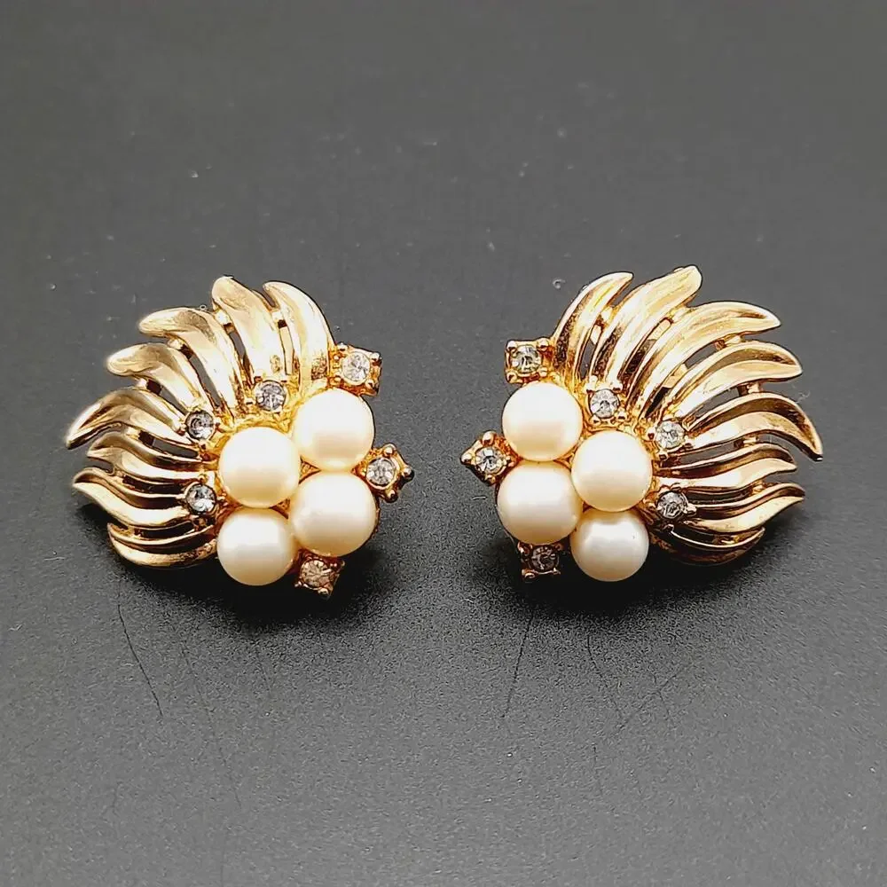 Vintage Crown Trifari Clip Earrings, Faux Pearl, Rhinestone, Mid-Century
